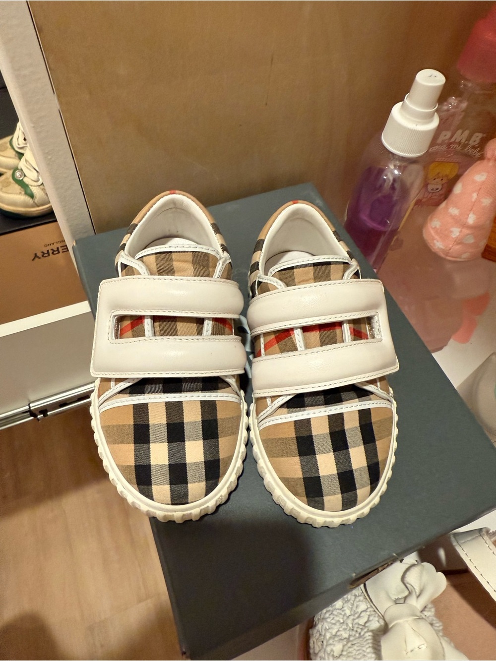 Burberry Beige and Black Plaid Kids Velcro Sneakers